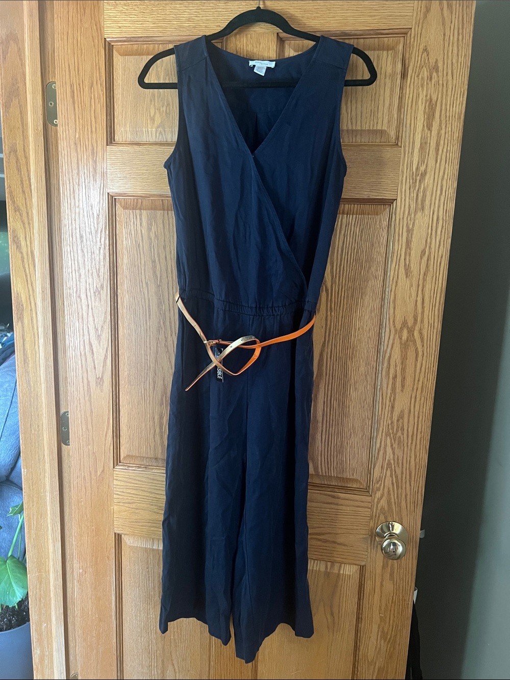 Daily Ritual Women's Navy Sleeveless Wrap Top Cropped jumpsuit w/belt